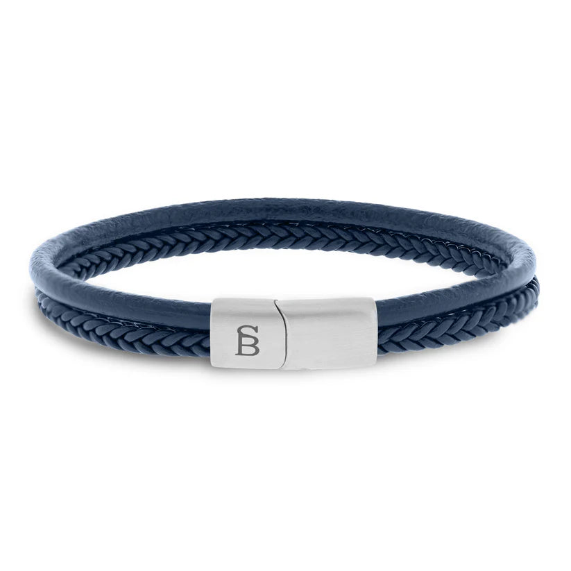 SB LBD-013M DENBY STAINLESS STEEL & BLUE LEATHER BRACELET