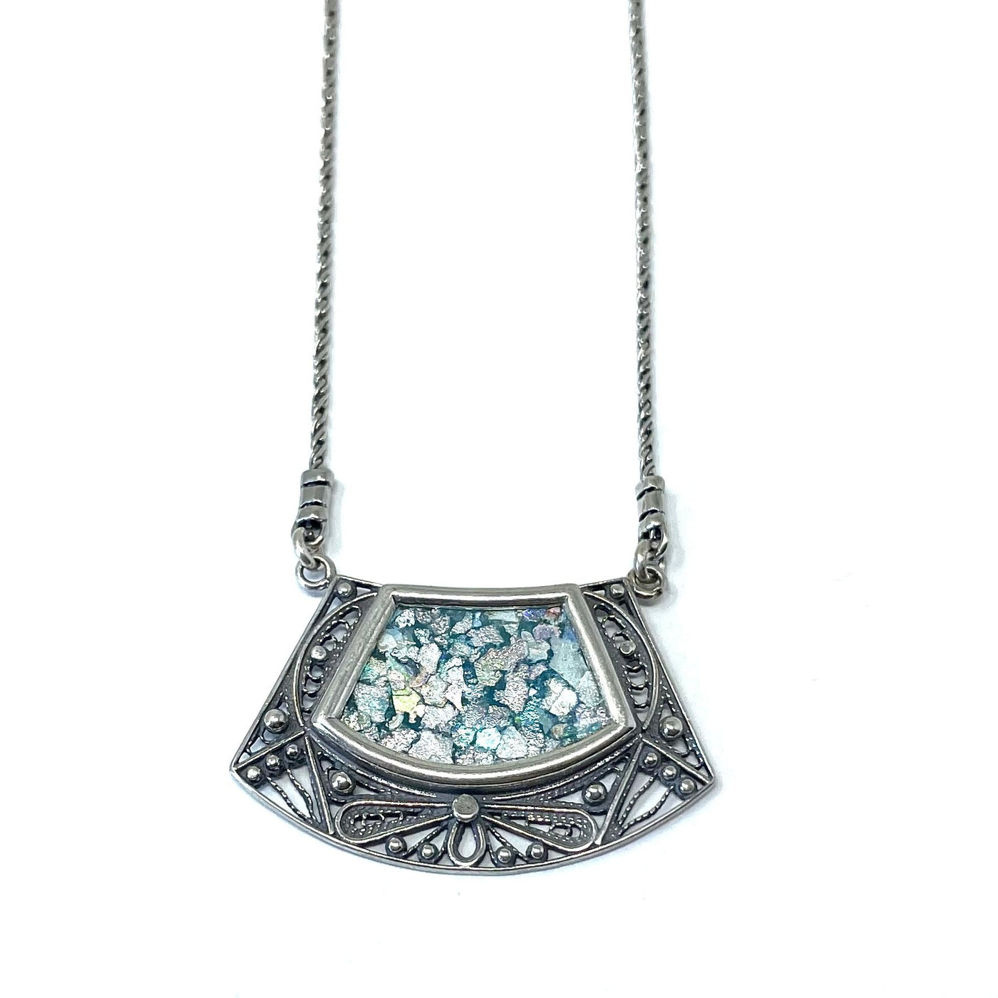 DSB P-365 ROMAN GLASS CURVED FILIGREE NECKLACE